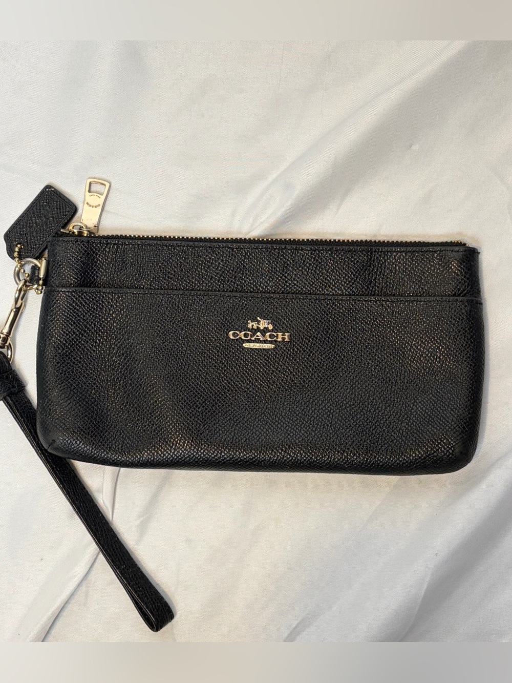 Coach Corner Zip Wristlet Black Crossgrain Leather Wallet Clutch 52334